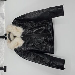 Unreal Fur Wet Look Aviator Black Vegan Leather Women's Jacket Size L